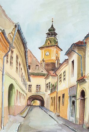 Juliana Fabritius-Dancu, Motiv in Kronstadt mit Rathausturm und „Dunklem Gang“. Aquarell, 1985 (Ausschnitt).