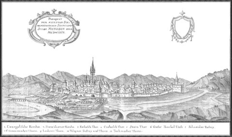 Ansicht der Stadt Mediasch, Stich von Johann ...