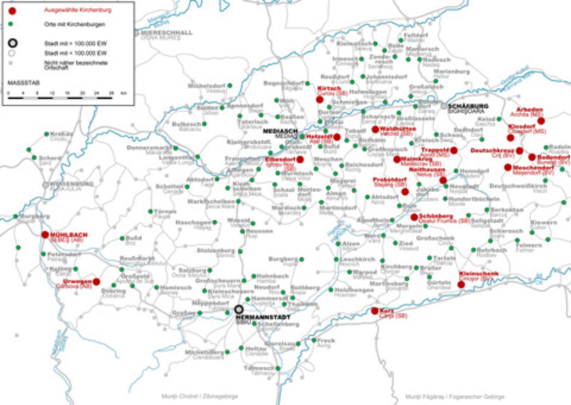 Karte mit den 18 Kirchenburgen des EU-Projektes. ...