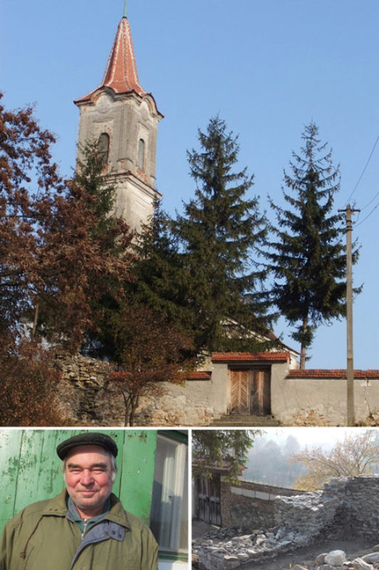 Oben: Turm der Kirche in Rumes; unten links: ...