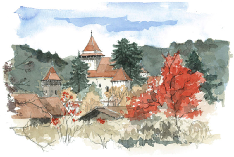 Theo Damm: Kirchenburg Trappold, 2013, Aquarell, ...