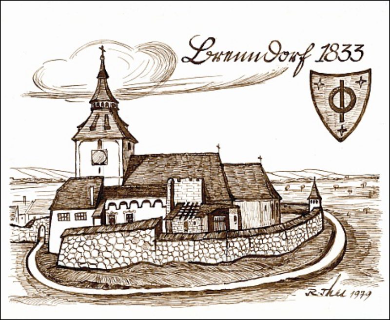 Die Kirchenburg Brenndorf im Jahr 1833. Zeichnung ...