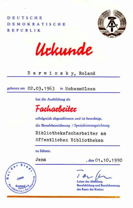 Urkunde: Im September 1989 begann der Autor eine ...