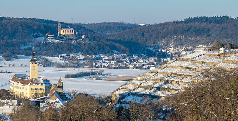 Winterbild 2021: „Schloss Horneck, rechts: ...