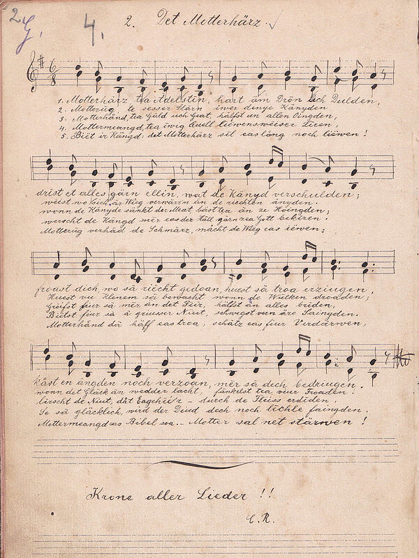 Erstaufzeichnung des Liedes „Det Motterhärz“ von ...