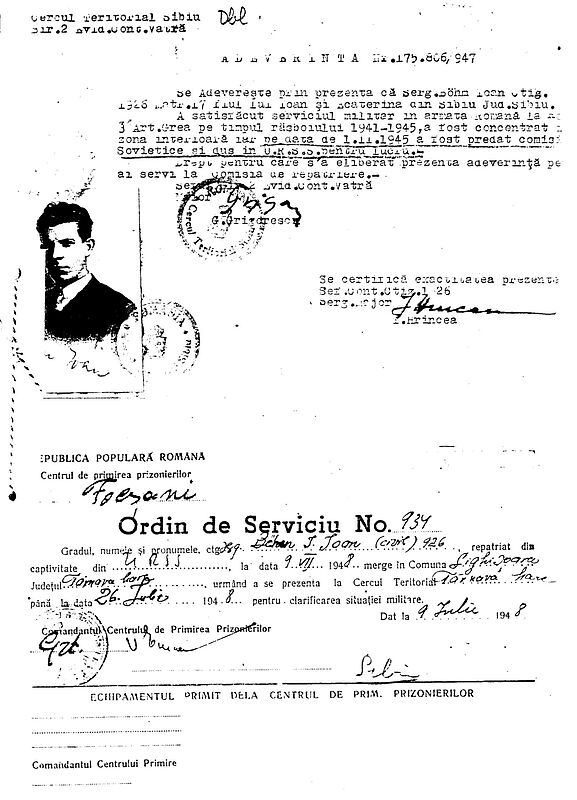 Entlassungsschein des Soldaten (Sergent) Johann ...
