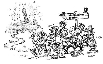 "Auf nach Mediasch". Zeichnung von Wolfgang Untch