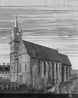 Die evangelische Kirche in Bistritz. Intarsie von Richard Gober.