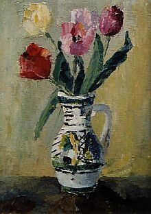 Gerda Auner: Tulpen in siebenbrgischem Birnkrug (um 1972, l auf Pressholz, 46 x 32 cm, im Besitz der Knstlerin).