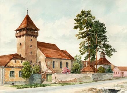 Friedrich Eberle: Kirchenburg Dunesdorf, Aquarell.