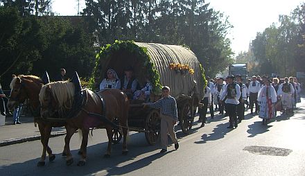 Die Siebenbrger Nachbarschaft Garching war beim Festzug unter dem Motto „Vom Ochsenkarren zur U-Bahn“ als Vertreter des 18. Jahrhunderts mit einem Planenwagen dabei.