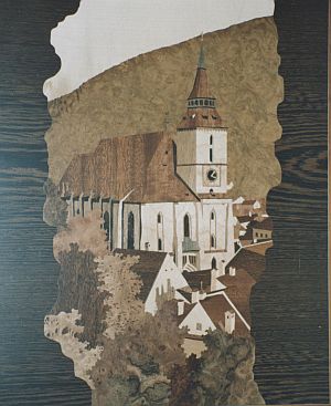 Hermann Grf: Scharze Kirche in Kronstadt. Intarsienbild aus Furnier, 1992, 54 x 46 cm, 24 verschiedene Tnungen in elf Furnierarten.