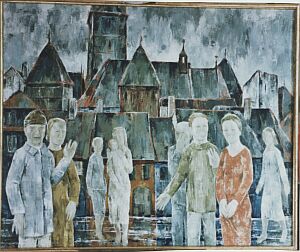Jutta Pallos-Schönauer: In der Stadt der Ahnen, 2001, Öl, 100 x 120 cm