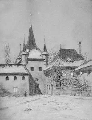 Ernst Khlbrandt d..: Winterabend in Alt-Kronstadt (vor 1933). Rechts vom Katharinentor das Haus, in dem der Schriftsteller Adolf Meschendrfer lebte. Kreide auf blauem Karton, 53 x 41 cm. Privatbesitz Mnchen. Foto: Konrad Klein