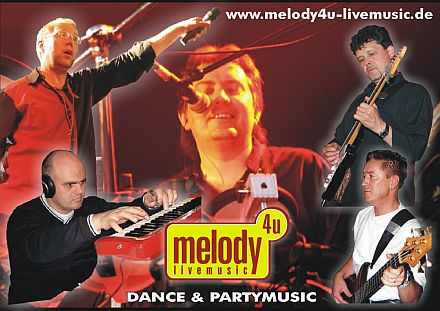Melody 4 U (oben von links): Gerhard Roth (Akkordeon, E-Sax, Gesang), Hans Roth (Drums, Gesang), Karlutz Pitters (E-Gitarre, Posaune, Gesang); (unten von links) Florian Balan (Keyboards, Gesang), Tom Schneider (Bass, Gesang).