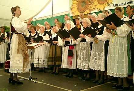 Tag der Siebenbrger Sachsen beim Nordheimer Blumensommer. In ihren Trachten boten die Frauen und Mnner des Liederkranzes unter der Leitung von Melitta Wonner ein beeindruckendes Bild. Foto: Ingrid Plieninger