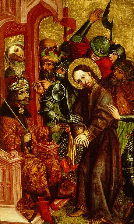 Christus vor Pilatus. Meister der Tafeln von Velenje, um 1463. Tempera auf Holz, 83,5 x 51,5 cm. Nationalgalerie Laibach (Narodna galerija Ljubljana).