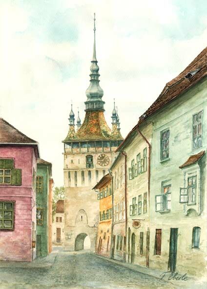 Friedrich Eberle: Stundenturm in Schburg. Aquarell