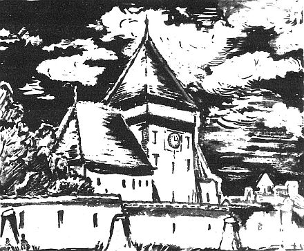 Trude Vandory: Frauendorfer Kirchenburg, Holzschnitt.