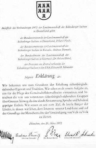 Erklärung bei Gründung der Föderation der Siebenbürger Sachsen