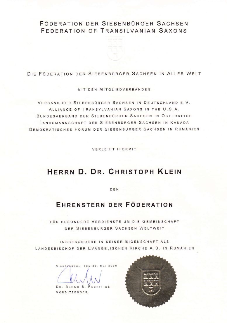Urkunde Ehrenstern der Föderation für Dr. Christoph Klein