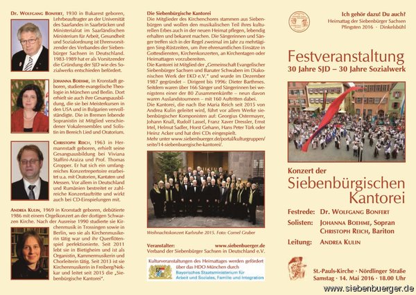 Flyer Plakat Festveranstaltung „30 Jahre SJD – 30 Jahre Sozialwerk“ und Konzert der Siebenbürgischen Kantorei Flyer Plakat Festveranstaltung „30 Jahre SJD – 30 Jahre Sozialwerk“ und Konzert der Siebenbürgischen Kantorei