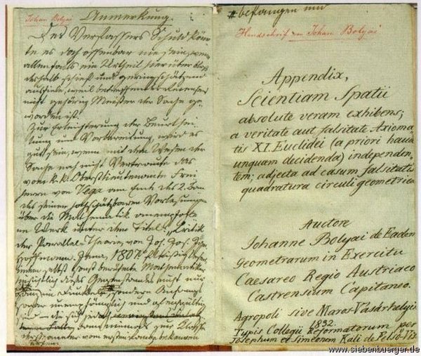 Bolyai. Scientia Spatii. Raumlehre. Handschrift 1832. Geschickt: Georg Schoenpflug von Gambsenberg