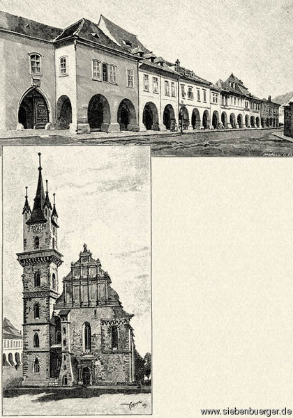 Bistritz. 2xBilder: Lutherische Kirche mit dem Turm, und 2.Kaufgewlben. Geschickt: Georg Schoenpflug von Gambsenberg