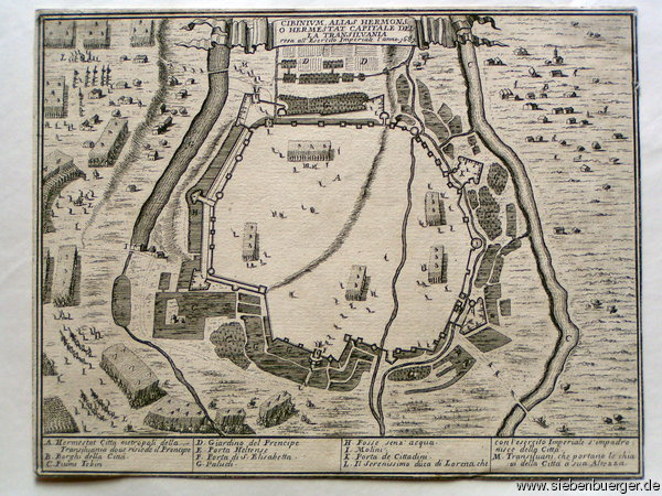 Visconti: Plan von Hermannstadt. Ankommen der Kaiserlichen Armee durch das Elisabethen-Tor, 1687.