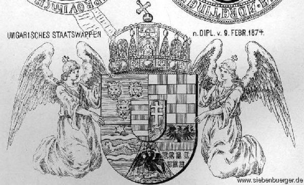 Siebenbrgisches Wappen im Felde des Ungarischen Staatswappen 1874; geschickt: G
