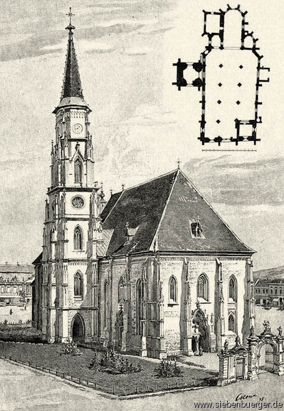 Klausenburg. Kirche Sankt Michael mit dem nicht mehr vorhandenen Portal, und Plan derselben.Geschickt: Georg Schoenpflug von Gambsenberg