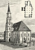 Klausenburg. Kirche Sankt Michael mit dem nicht mehr vorhandenen Portal, und Plan derselben.Geschickt: Georg Schoenpflug von Gambsenberg