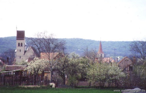 Dorfansicht mit kath. Kirche, links u. ev. Kirche, rechts